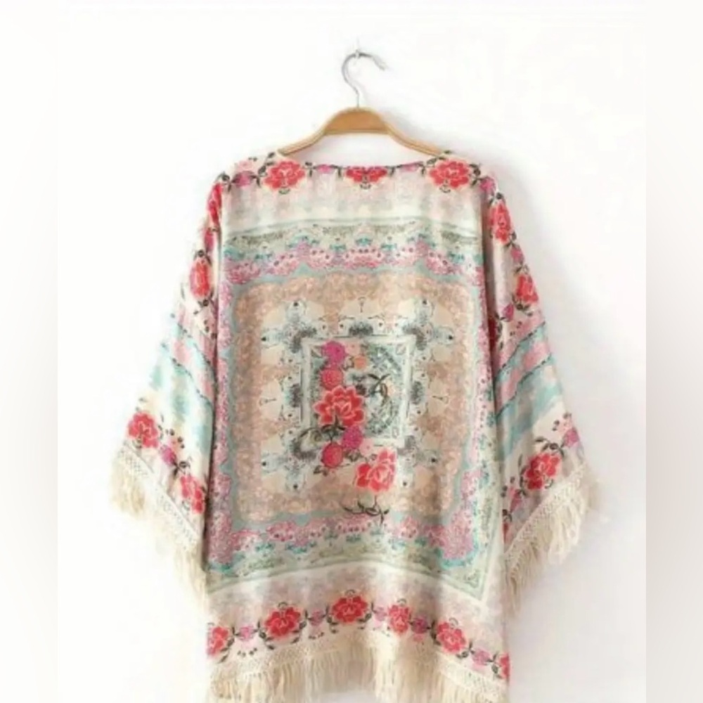 Floral Print Fringe Hem Beach Cover Up Kimono - Picture 5 of 6